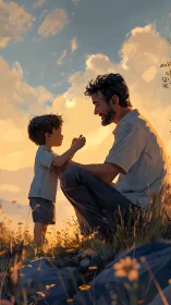 Golden meadow handshake between father, son, and skyfire sun.