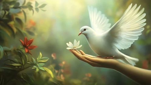 White dove landing on hand with flower in soft forest light.