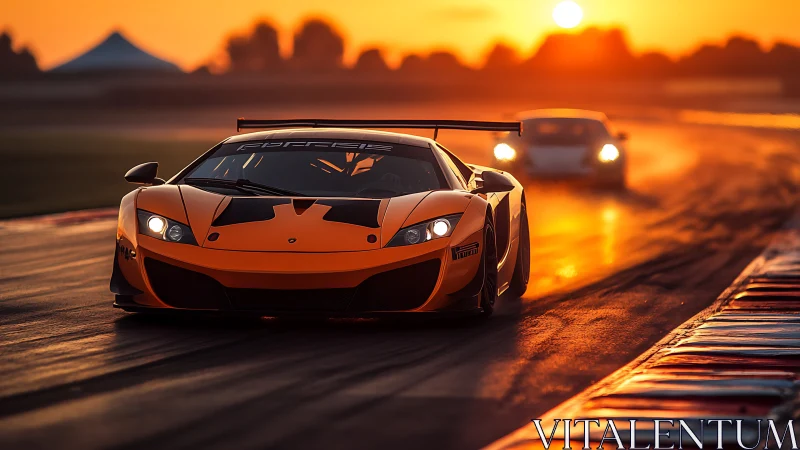 Orange race car cuts sunlit track under blazing sunset