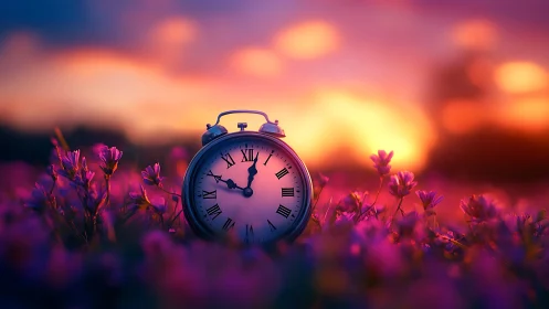 Quiet vintage alarm clock rests in dreamy sunset meadow