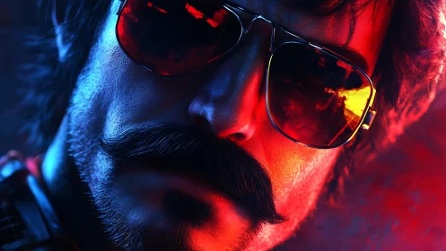 Chromatic dual-light portrait with reflective aviator optics.