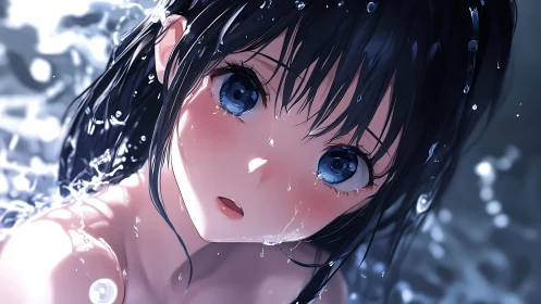 Wet anime girl gazes upward with luminous blue eyes