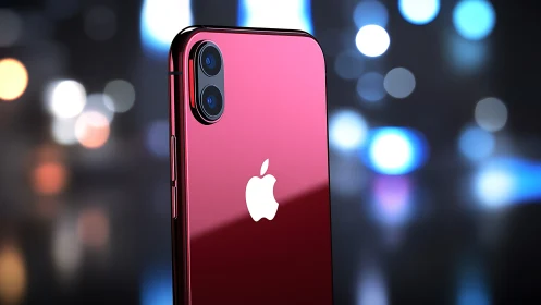 Crimson smartphone gleams against dreamy nocturnal bokeh haze.