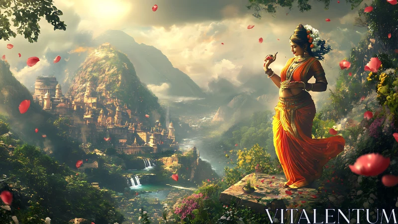 Hindu goddess figure overlooks ornate mountain temple valley