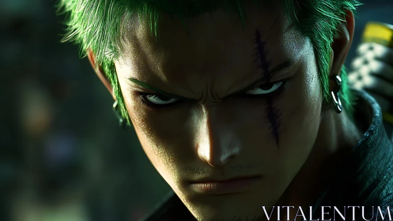 Hyperreal green haired swordsman portrait with facial scars