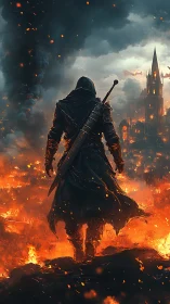 Hooded warrior walks through burning city toward distant spire.