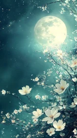 Moonlit Garden: White Blossoms Dancing Under Starlit Sky.