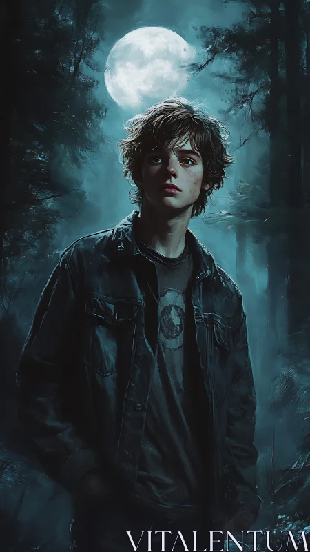 Moonlit youth standing in misty midnight forest gloom.