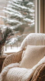 Cozy wicker chair rests by a snowy winter window view