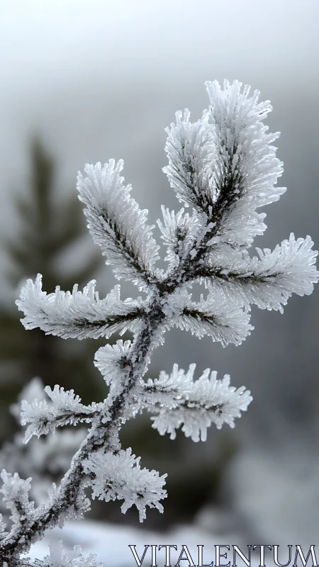 Macro photograph of hoarfrost crystals on conifer branch in fog