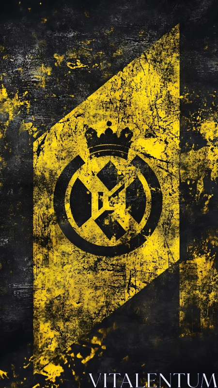 Grunge yellow geometric banner with crowned circular emblem.