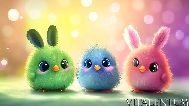 Trio of stylized fluffy birds with rabbit ears on gradient bokeh.