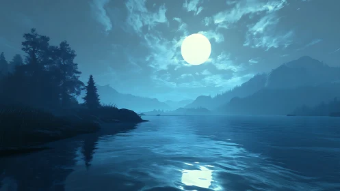 Lunar-illuminated lacustrine valley rendered in blue monochrome