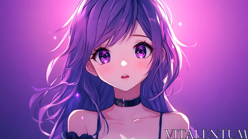 Violet haired anime girl in luminous magenta rim light portrait.