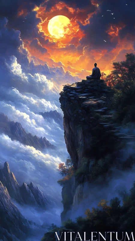 Luminous moonrise over meditative figure on stratified cliff.