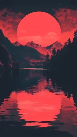 Crimson sun descends behind alpine peaks over reflective lake