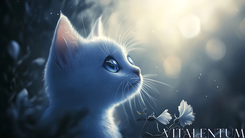Luminous Feline Reverie: A White Cat's Enchanted Moment.
