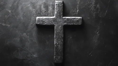 Textured metallic cross isolated on matte black plaster wall