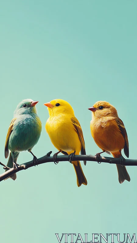 Three colorful perching songbirds sit aligned on a branch