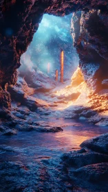 Luminous rock pillars rise inside glowing cavern passage