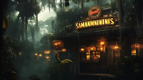Hidden jungle bar glows warmly through the misty night