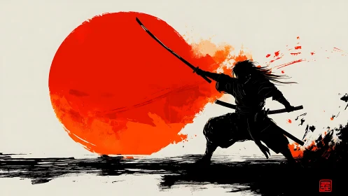 Lone samurai silhouette cleaves across a blazing red sun.