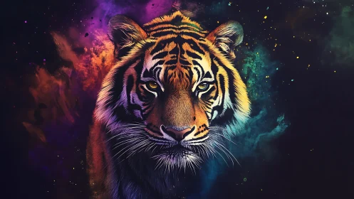 Vibrant cosmic tiger portrait glows against a dark nebula