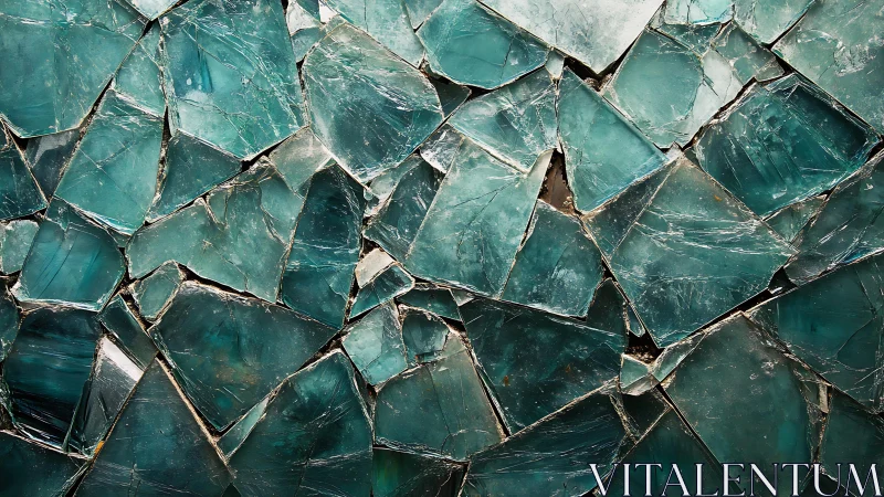 Abstract pattern of shattered turquoise glass fragments close-up.