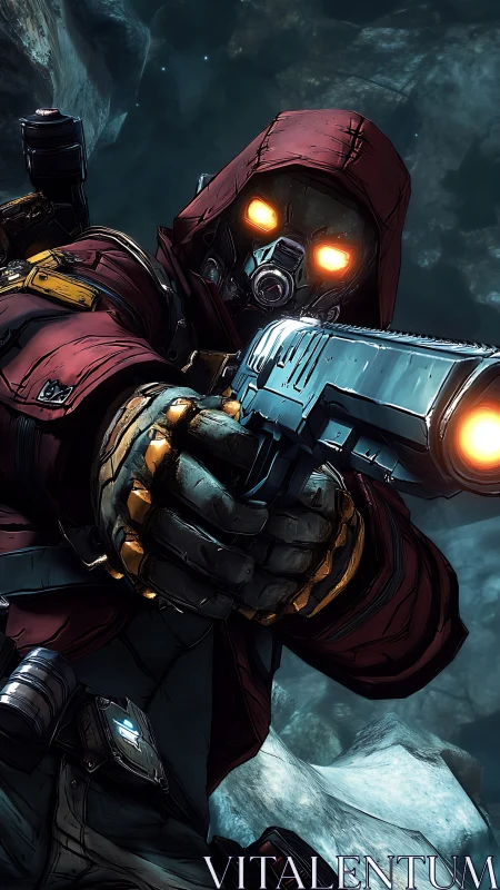 Masked sci-fi gunman aims forward in icy alien canyon.