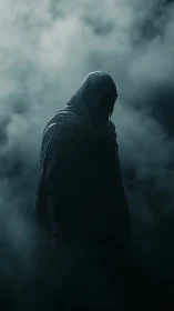 Shrouded hooded figure emerging through cinematic fog.