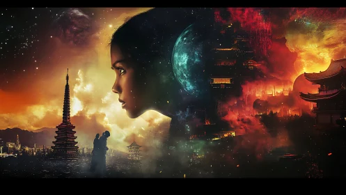 Cosmic-lit female profile overlays dual-temple cityscapes in flames
