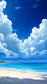 Cumulus-dominated coastal skyfield over luminous tropic shoreline.