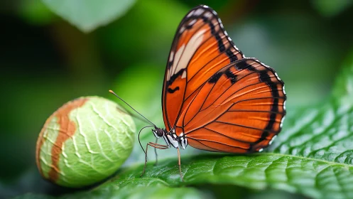 Vivid orange butterfly rests on lush leaf in tranquil macro focus