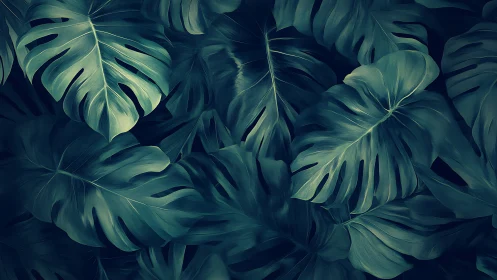 Midnight jungle leaves whispering in deep teal shadows.