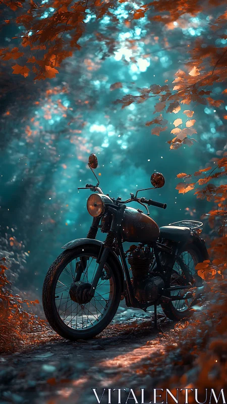 Vintage motorcycle on forest trail under cyan-orange volumetric light