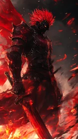 Armored swordsman with red flames and burning landscape.