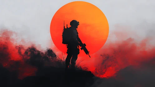 Soldier silhouette stands against blood-red war sun.