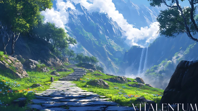 Stone path across green valley with distant waterfall scene.