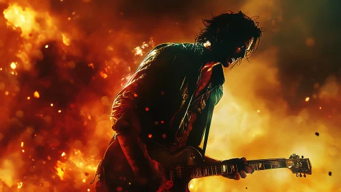 Rock guitarist roars against a blazing inferno of light and fire