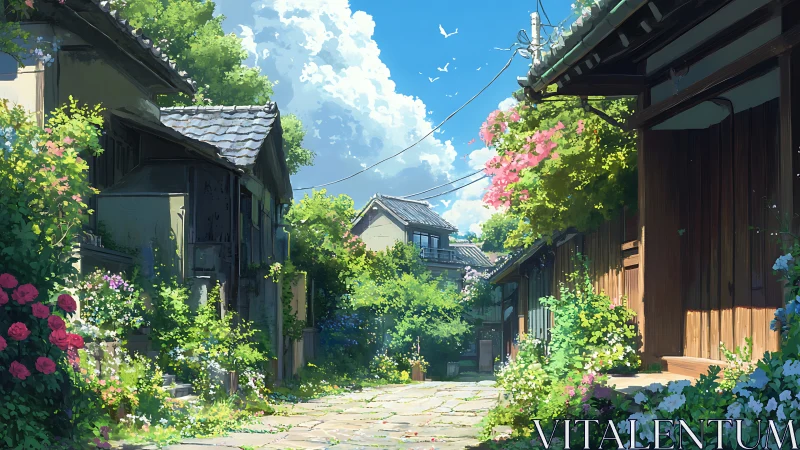 Luminous summer alley with traditional wooden houses and flora.