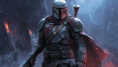 Armored bounty hunter in fiery sci‑fi battlefield haze.