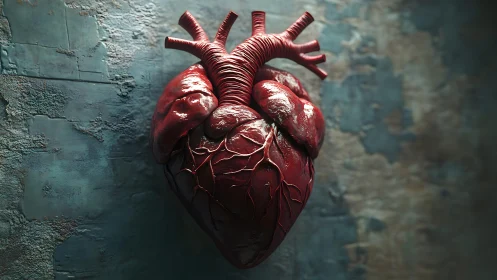 Realistic Anatomical Human Heart on Textured Wall, Dramatic Lighting.