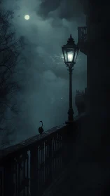 Nocturnal riverside lamppost with silhouetted bird in fog.