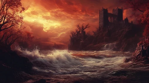 Stormy river under burning sky and distant ruined citadel.