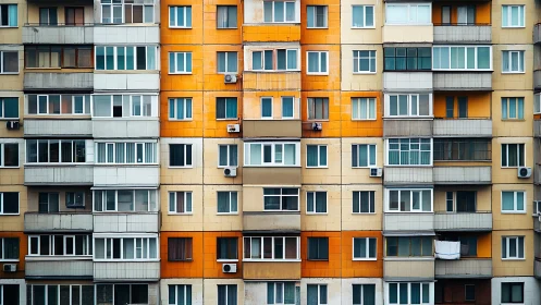 High-rise apartment facade shows grid of windows and balconies