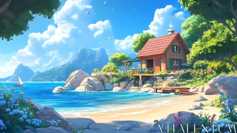 Digital coastal landscape depicting rustic architectural dwelling with advanced lighting rendering