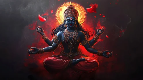 Radiant blue goddess in fiery meditation and quiet power.