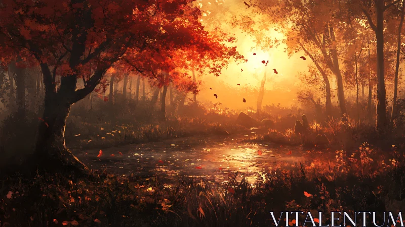 Backlit autumn forest pond with dramatic volumetric sunlight