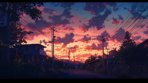 Sunset sky over quiet suburban street with power lines.