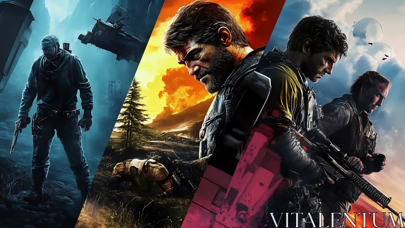 Triptych of armed operatives across contrasting color-coded warzones